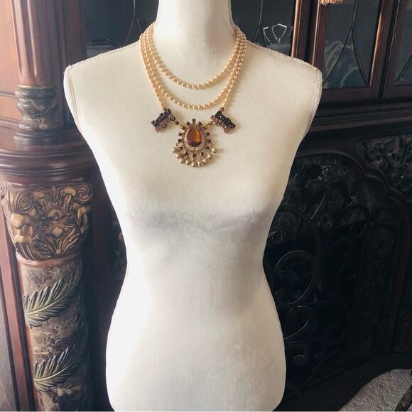 Handcrafted repurpose brown topaz gem Czech glass Pearl toggle clasp necklace - Picture 6 of 9